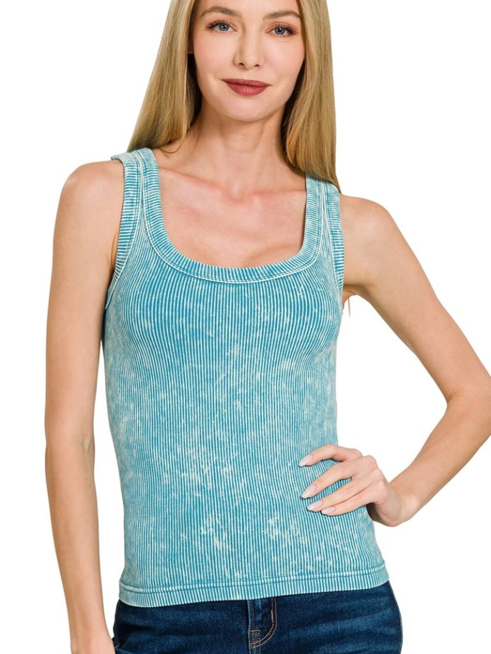 BB107 |  Two Way Neckline Washed Ribbed Seamless Tank Top - Ice Blue